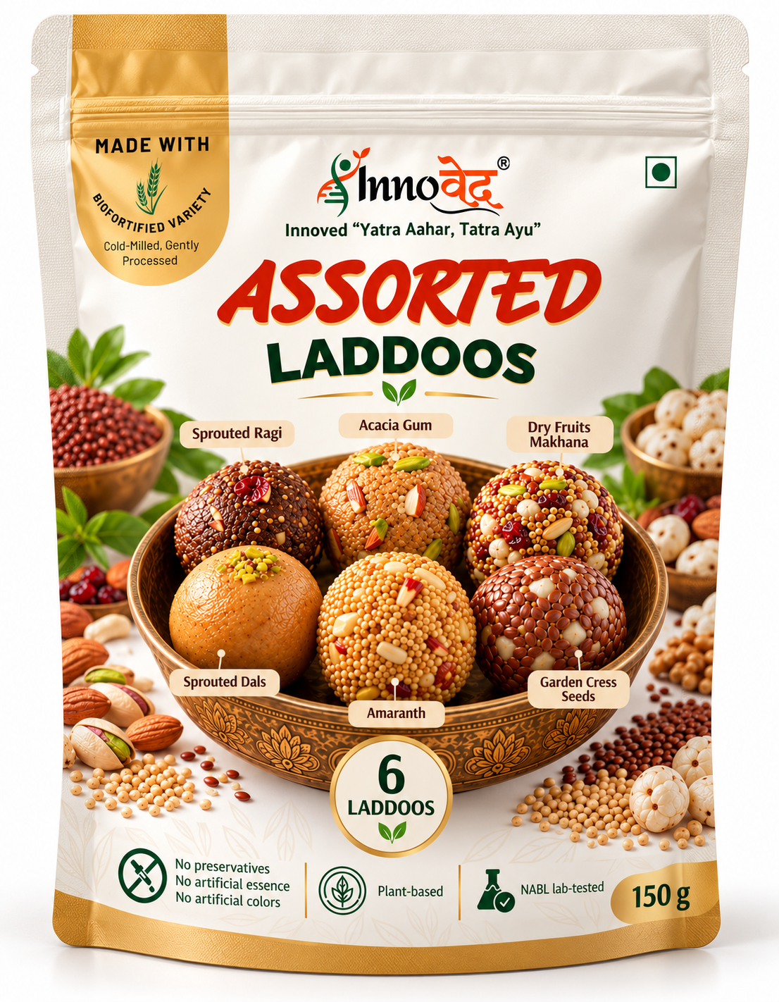 Assorted Laddoos (S.Ragi, Acacia Gum, Rajgira, Dry Fruit Makhana, S.Dal, Alive) | 6 varieties in 1 pack | 150g