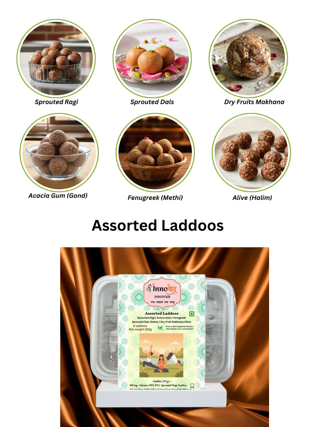 Assorted Laddoos (S.Ragi, Acacia Gum, Fenugreek, Dry Fruit Makhana, S.Dal, Alive) | 6 varieties in 1 pack | 150g