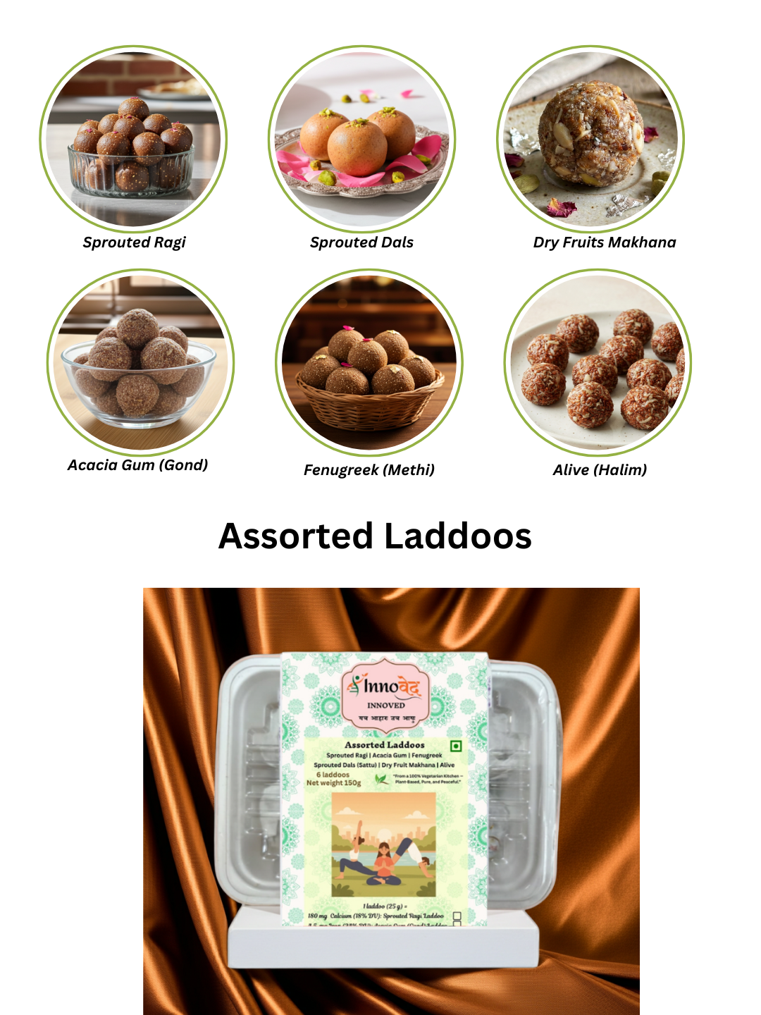 Assorted Laddoos (S.Ragi, Acacia Gum, Fenugreek, Dry Fruit Makhana, S.Dal, Alive) | 6 varieties in 1 pack | 150g