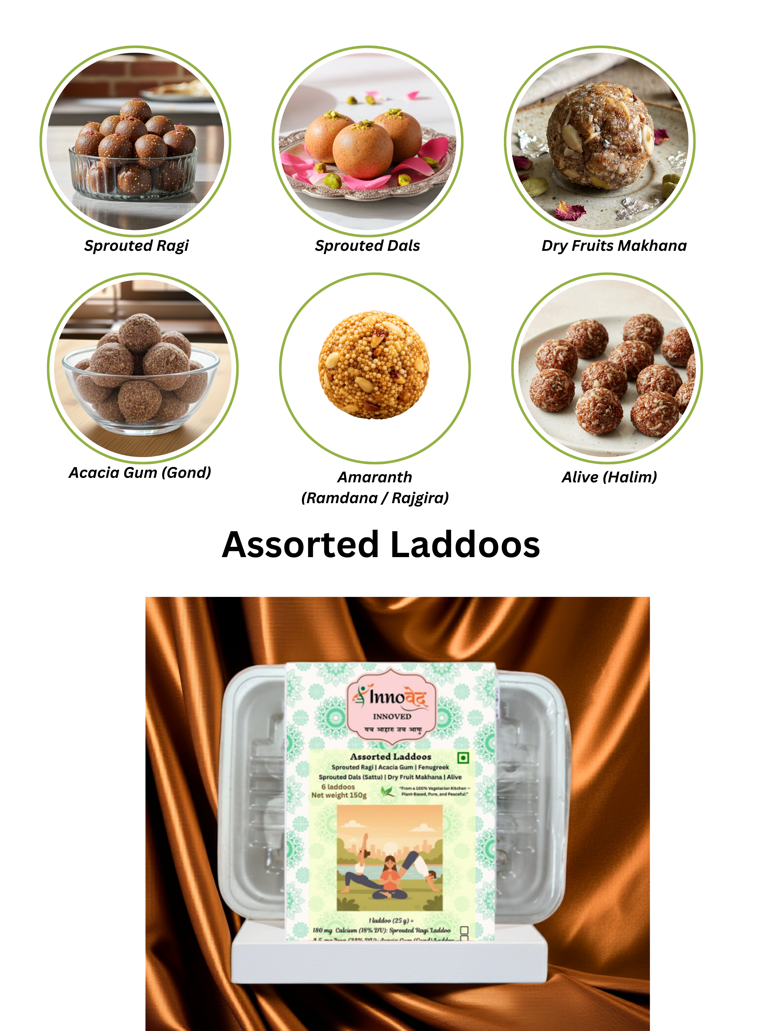 Assorted Laddoos (S.Ragi, Acacia Gum, Fenugreek, Dry Fruit Makhana, S.Dal, Alive) | 6 varieties in 1 pack | 150g