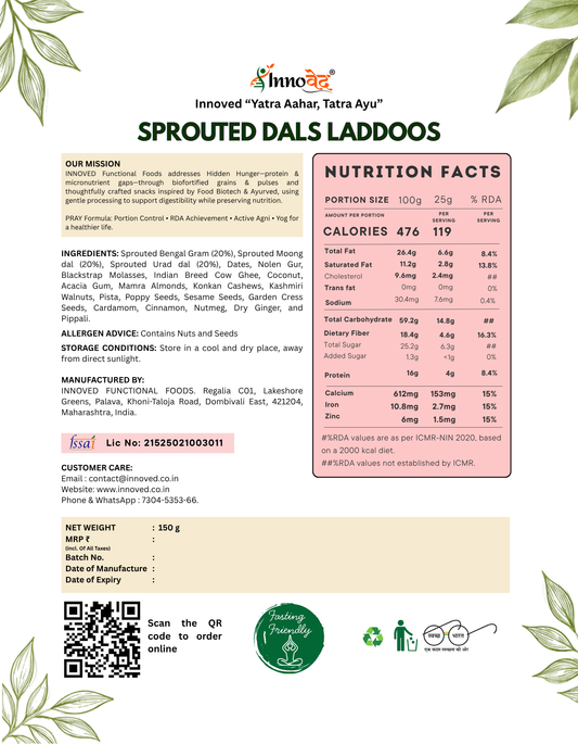Sprouted Dals Laddoo | Muscle Health | Protein  | 150g | 6 laddoos (25g each)