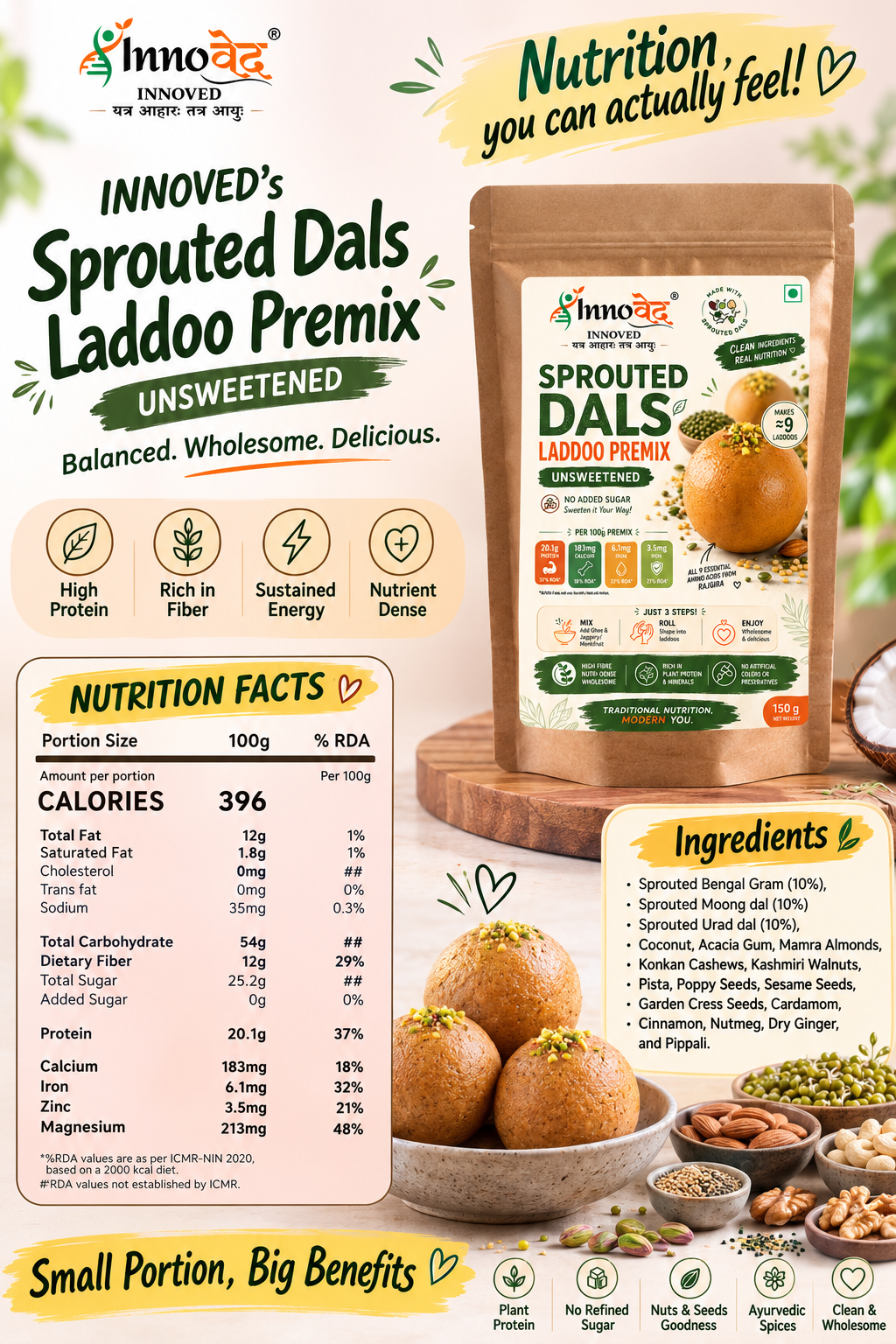 PREMIX | Sprouted Dal Laddoo premix | 150g | Makes 9 laddoos