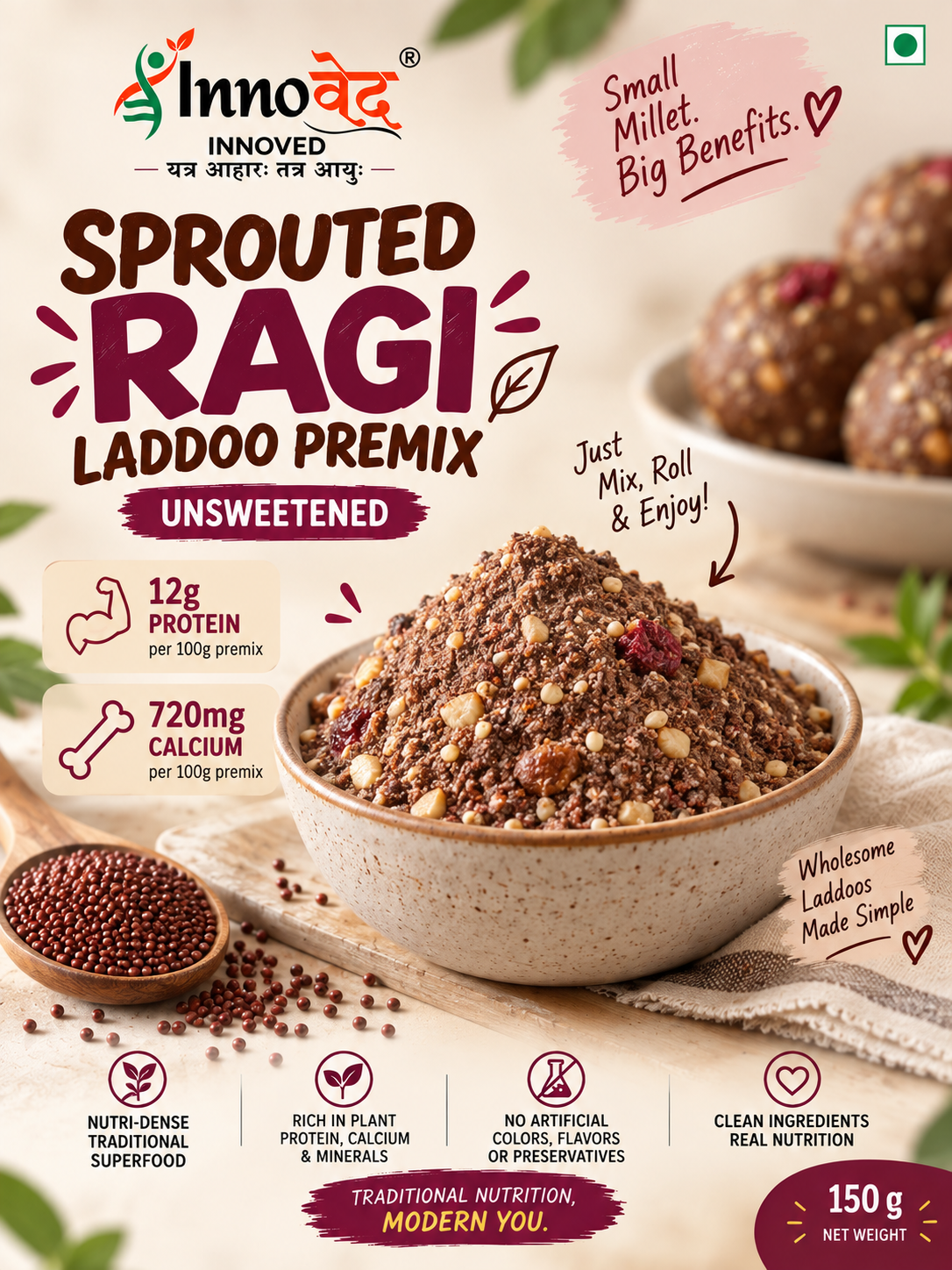 PREMIX | Sprouted Ragi Laddoo premix | 150g | Makes 10 laddoos
