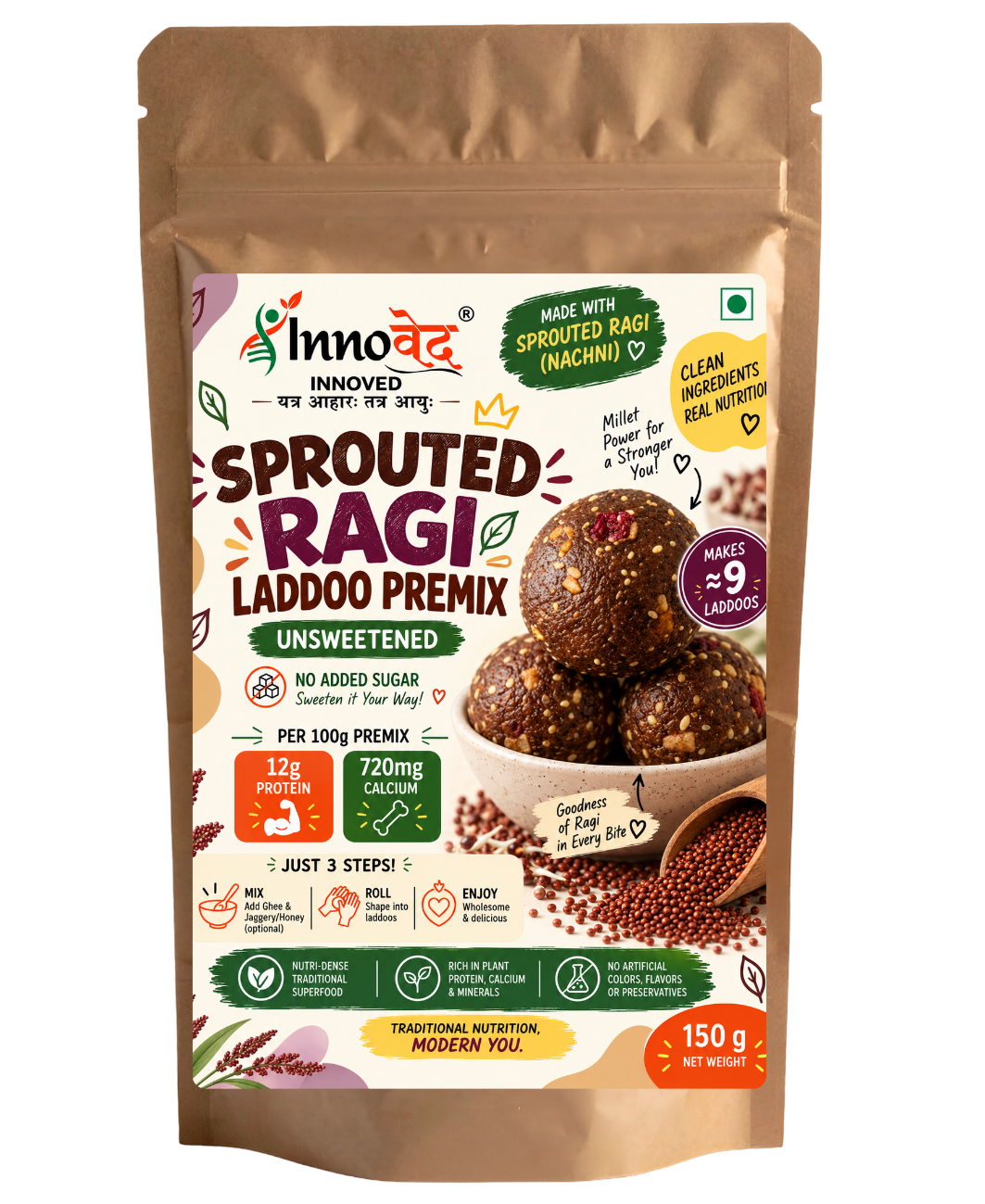 PREMIX | Sprouted Ragi Laddoo premix | 150g | Makes 6 laddoos